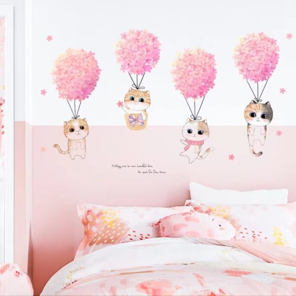 Pink Flower Cute Cats Wall Stickers For Kids Rooms Girl Bedroom Home Wardrobe Wall Decor Self Adhesive Vinyl Sticker Wallpapers - Image 5