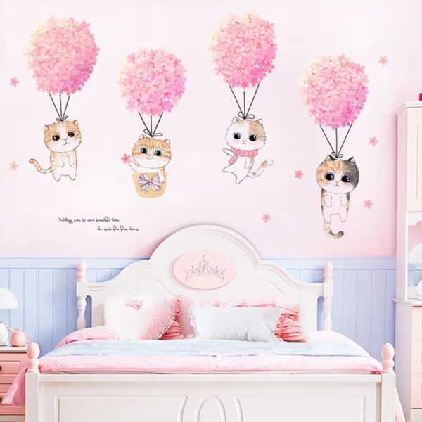 Pink Flower Cute Cats Wall Stickers For Kids Rooms Girl Bedroom Home Wardrobe Wall Decor Self Adhesive Vinyl Sticker Wallpapers - Image 4