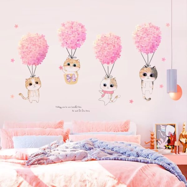 Pink Flower Cute Cats Wall Stickers For Kids Rooms Girl Bedroom Home Wardrobe Wall Decor Self Adhesive Vinyl Sticker Wallpapers - Image 6