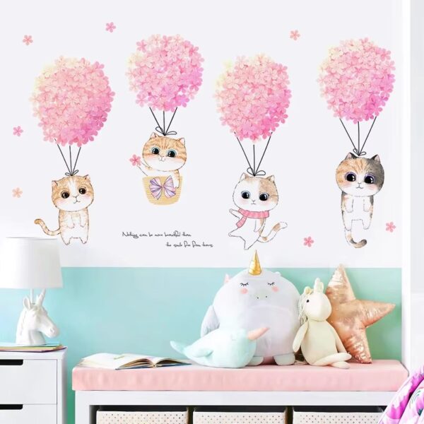Pink Flower Cute Cats Wall Stickers For Kids Rooms Girl Bedroom Home Wardrobe Wall Decor Self Adhesive Vinyl Sticker Wallpapers - Image 3
