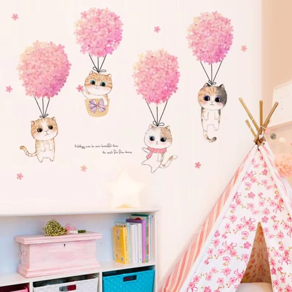 Pink Flower Cute Cats Wall Stickers For Kids Rooms Girl Bedroom Home Wardrobe Wall Decor Self Adhesive Vinyl Sticker Wallpapers - Image 2