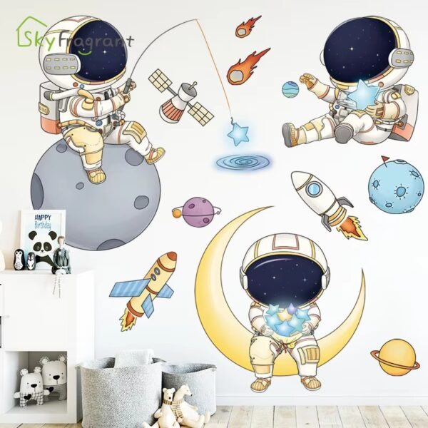 Cartoon Astronaut Wall Stickers For Kids Rooms Creative Outer Space Child Bedroom Self-adhesive Home Wall Decor Vinyl Sticker - Image 3