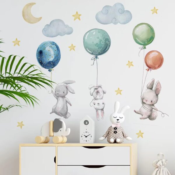 Cute Lovely Flying Rabbits Wall Stickers For Kids Balloons Moon Star Cloud Removable Decal Nursery Baby Room Decor Poster Mural - Image 7