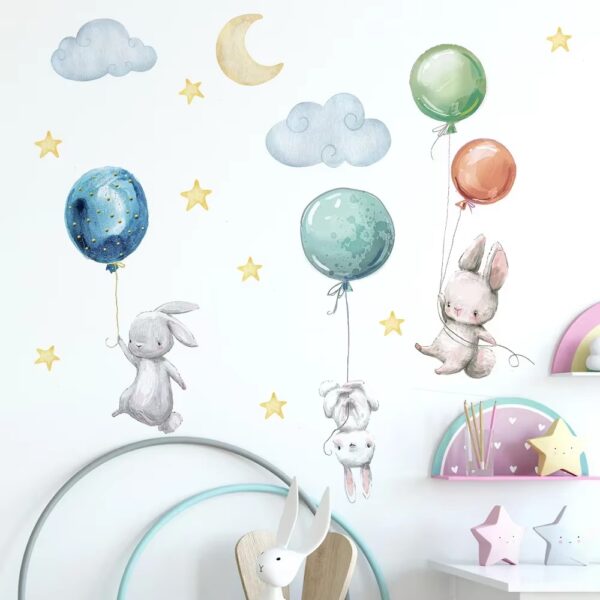 Cute Lovely Flying Rabbits Wall Stickers For Kids Balloons Moon Star Cloud Removable Decal Nursery Baby Room Decor Poster Mural - Image 5