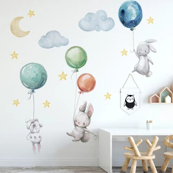 Cute Lovely Flying Rabbits Wall Stickers For Kids Balloons Moon Star Cloud Removable Decal Nursery Baby Room Decor Poster Mural