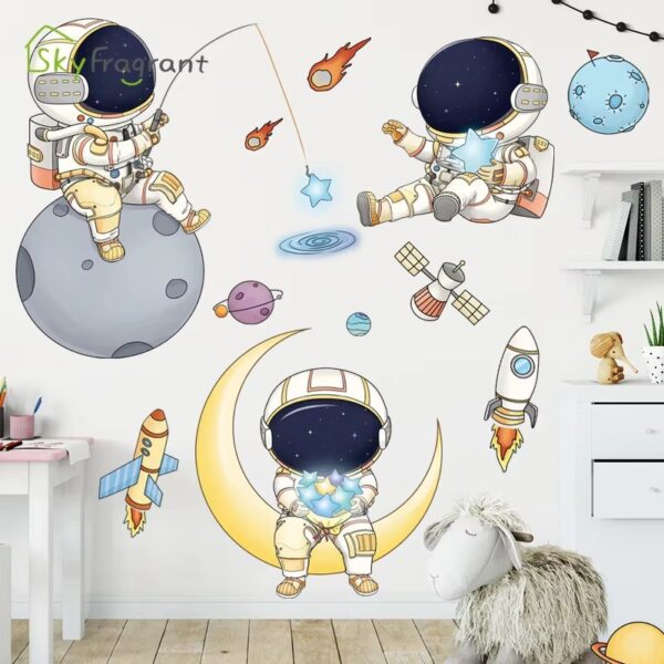 Cartoon Astronaut Wall Stickers For Kids Rooms Creative Outer Space Child Bedroom Self-adhesive Home Wall Decor Vinyl Sticker - Image 2