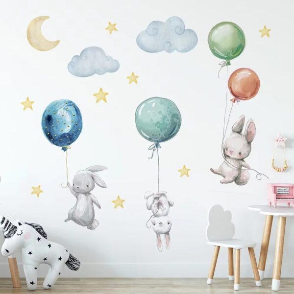 Cute Lovely Flying Rabbits Wall Stickers For Kids Balloons Moon Star Cloud Removable Decal Nursery Baby Room Decor Poster Mural - Image 2